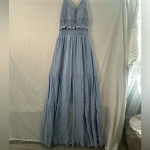 HYFVE Blue Crochet Halter Jumpsuit Wide Leg Smocked Waist Boho Size Medium